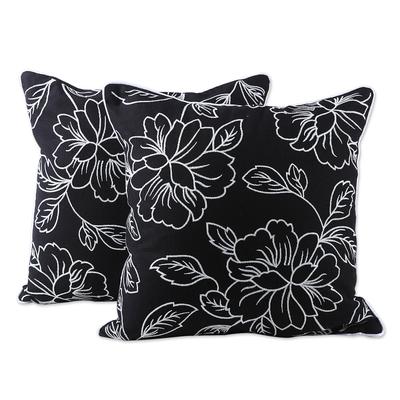 Primaveral Midnight,'Floral Black and White Cotton Cushion Covers (Pair)'