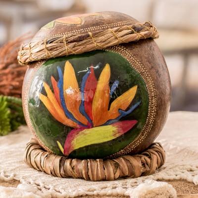 'Crane Flower-Themed Painted Dried Gourd Decorative Accent'