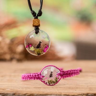 Loyal Companion,'Set of Resin Dog Pendant Necklace and Macrame Bracelet'