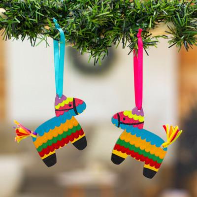 'Pair of Hand-Painted Wood Donkey Ornaments with Ribbons'