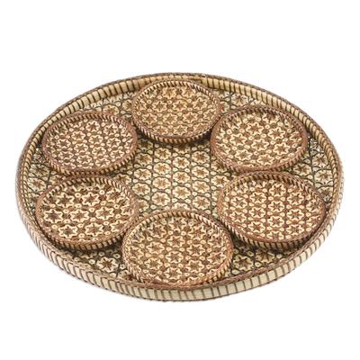 Thai Blossom Hospitality,'Handcrafted Woven Flower Rattan Coasters and Tray (Set of 7)'