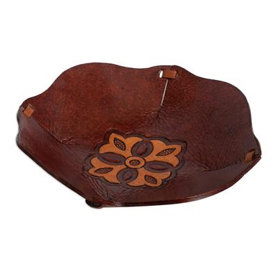 Mahogany Flower,'Hand Tooled Leather Catchall Plate from Peru'