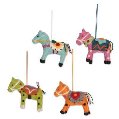 Spring Ponies,'Set of 4 Colorful Embroidered Wool Felt Pony Ornaments'