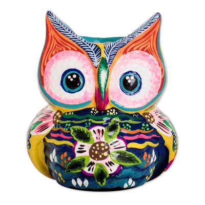Herbaceous Owl,'Handpainted Mini Ceramic Flower Pot from Guatemala'