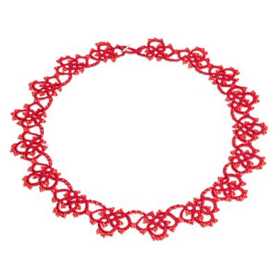 'Hand-Tatted Red Collar Necklace with Sterling Silver Clasp'