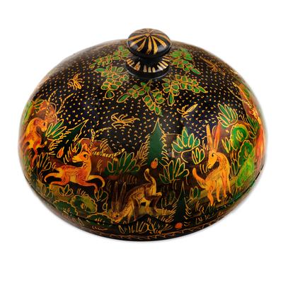 'Hand-Painted Black Papier Mache Decorative Box from India'