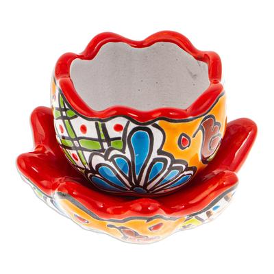 Talavera Eden in Strawberry,'Handcrafted Floral Ceramic Pot with Saucer in Strawberry'