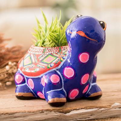 'Hand-Painted Blue Ceramic Turtle Flower Pot from Guatemala'