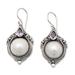 Alluring Elegance,'Silver Dangle Earrings with Cultured Mabe Pearl & Amethyst'