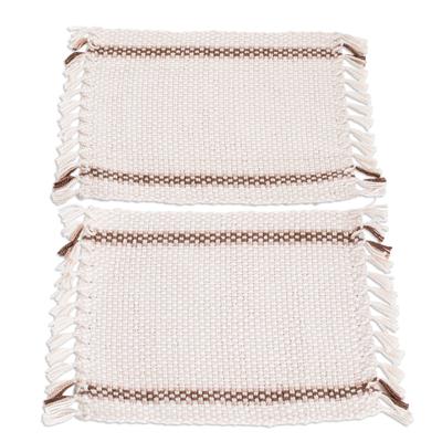 Morning Tea,'Pair of Handwoven Cotton Coasters in Brown and Ivory'