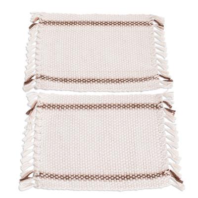 Morning Tea,'Pair of Handwoven Cotton Coasters in Brown and Ivory'