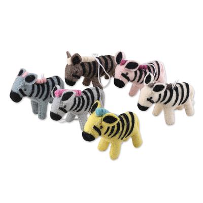 Zebra Realm,'Set of Six Colorful Wool and Cotton Zebra Ornaments'