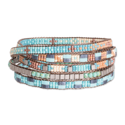 Lake Atitlan,'Handmade Turquoise and Brown Glass Beaded Wrap Bracelet'