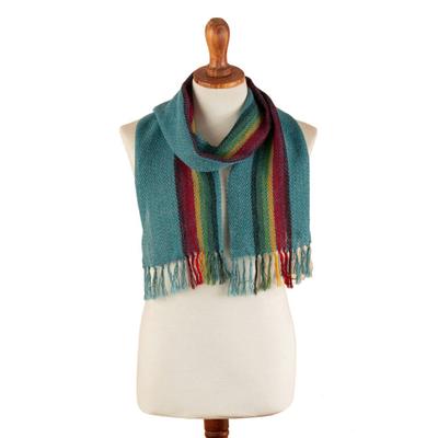 Proud Rivers,'Handwoven Striped Turquoise 100% Alpaca Scarf with Fringes'