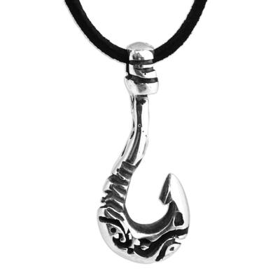 Ancient Hook,'Men's Sterling Silver and Faux Leather Hook Pendant Necklace'