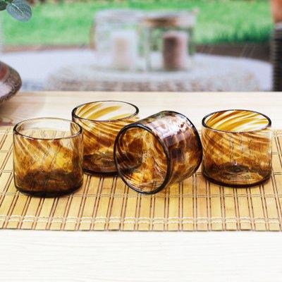 Amber Relaxation,'4 Hand Blown Brown Recycled Glass Juice Glasses from Mexico'