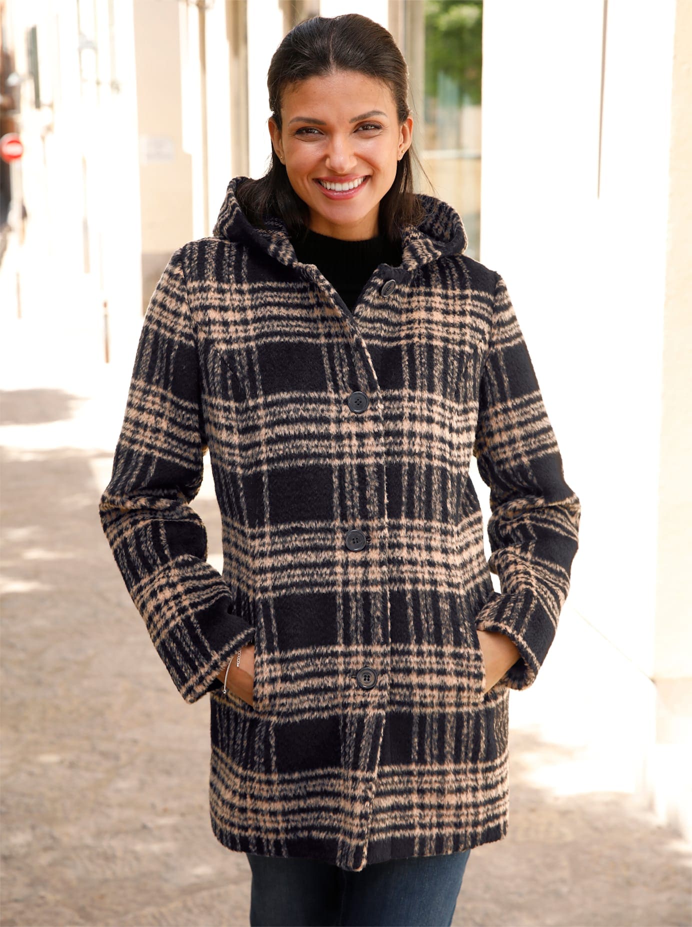 Outdoorjacke CLASSIC BASICS, Damen, Gr. 52, gelb (schwarz, camel, kariert), 70% Polyester, 20% Polyacryl, 4% Baumwolle, 3% Viskose, 3% Polyamid, gemustert, mehrfarbig, Jacken Outdoorjacke