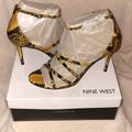 Nine West Shoes | Nine West Women's Strappy Stiletto Sandals Yellow And Black Snakeskin Print 9.5 | Color: Black/Yellow | Size: 9.5