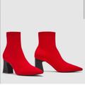 Zara Shoes | Nwot Zara Red Sock Stretch Ankle Boot Heels Size 7 | Color: Black/Red | Size: 7