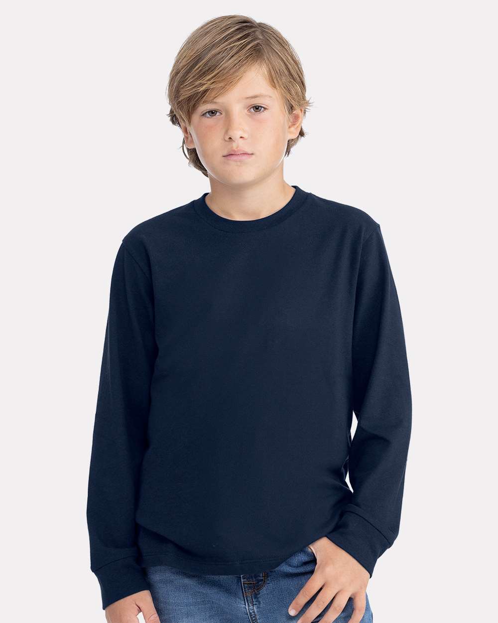 Next Level 3311NL Youth Cotton Long Sleeve T-Shirt in Midnight Navy Blue size Large | combed ringspun cotton fine jersey 3311