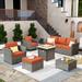 HOOOWOOO 8-piece Patio Deep Seat Grey Wicker Rattan Sectional Set with Fire Pit Table