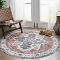 RUGKING Round Rug 4Ft Bohemian Area Rug Indoor Persian Circle Rug Washable Rug Floral Medallion Non Slip Carpet for Living Dining Room Entryway Rusty Red/Blue