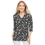 Plus Size Women's Stretch Cotton V-Neck Tee by Jessica London in Black Flat Flower (Size 26/28) 3/4 Sleeve T-Shirt