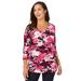 Plus Size Women's Stretch Cotton Scoop Neck Tee by Jessica London in Pink Burst Shadow Floral (Size 38/40) 3/4 Sleeve Shirt
