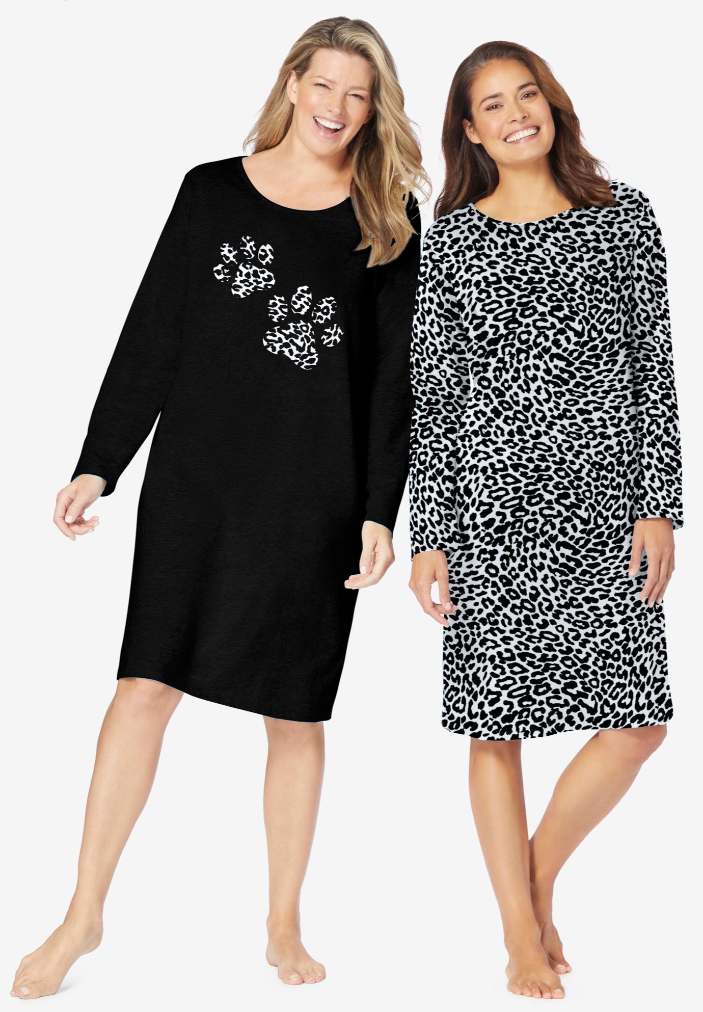 Plus Size Women's 2-Pack Long-Sleeve Sleepshirt by Dreams & Co. in Black Animal Paw (Size M/L) Nightgown