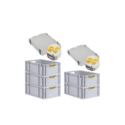 PROREGAL SparSet 5x Eurobox NextGen Color mit Auflagedeckel & Verschlüsse, HxBxT 22x40x60cm, 44L, Grau, Griffe gelb offen, Eurobehälter, Box Image