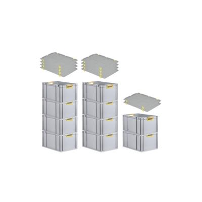PROREGAL SparSet 10x Eurobox NextGen Color mit Auflagedeckel & Verschlüsse, HxBxT 32x40x60cm, 65L, Grau, Griffe gelb offen, Eurobehälter Image