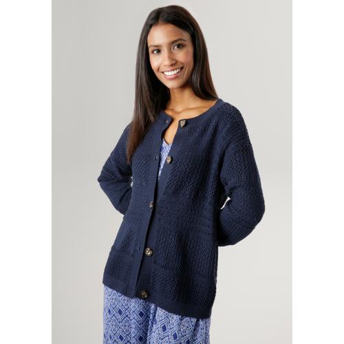 Strickjacke ANISTON SELECTED Gr. 34, blau (marine) Damen Strickjacken im Strickmuster-Mix