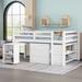 Full Size Low Loft Bed with Cabinet, Shelves and Rolling Portable Desk, White