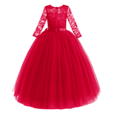 IBTOM CASTLE Flower Girls Long Floral Boho Lace Wedding Bridesmaid Dress 3/4 Sleeves Princess Puffy Maxi Tulle Pageant Formal Party Gowns 2-3 Years Red