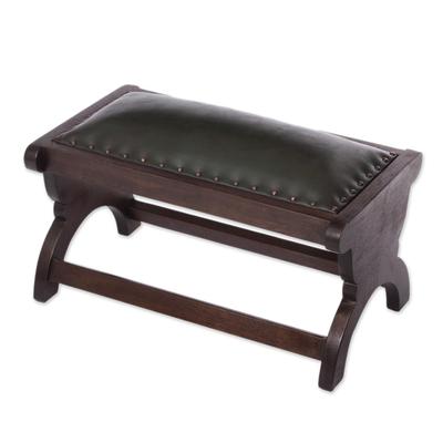 Sophisticated Andes in Green,'Artisan Crafted Green Leather Wood Ottoman Stool from Peru'