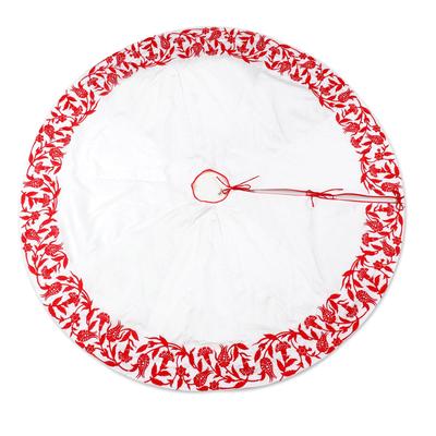 Festive Leaves,'Embroidered Red and White Holiday Tree Skirt'