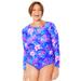Plus Size Women's Chlorine Resistant Side-Tie Adjustable Long Sleeve Swim Tee by Swimsuits For All in Electric Purple Iris (Size 12)