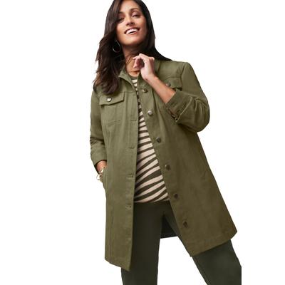 Plus Size Women's Long Denim Jacket by Jessica London in Dark Olive Green (Size 14 W) Tunic Length Jean Jacket