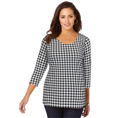 Plus Size Women's Stretch Cotton Scoop Neck Tee by Jessica London in White Houndstooth (Size 14/16) 3/4 Sleeve Shirt