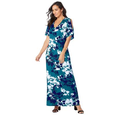 Plus Size Women's Stretch Knit Cold Shoulder Maxi Dress by Jessica London in Deep Teal Graphic Floral (Size 12 W)