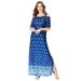 Plus Size Women's Ultrasmooth® Fabric Cold-Shoulder Maxi Dress by Roaman's in Blue Border Print (Size 30/32)