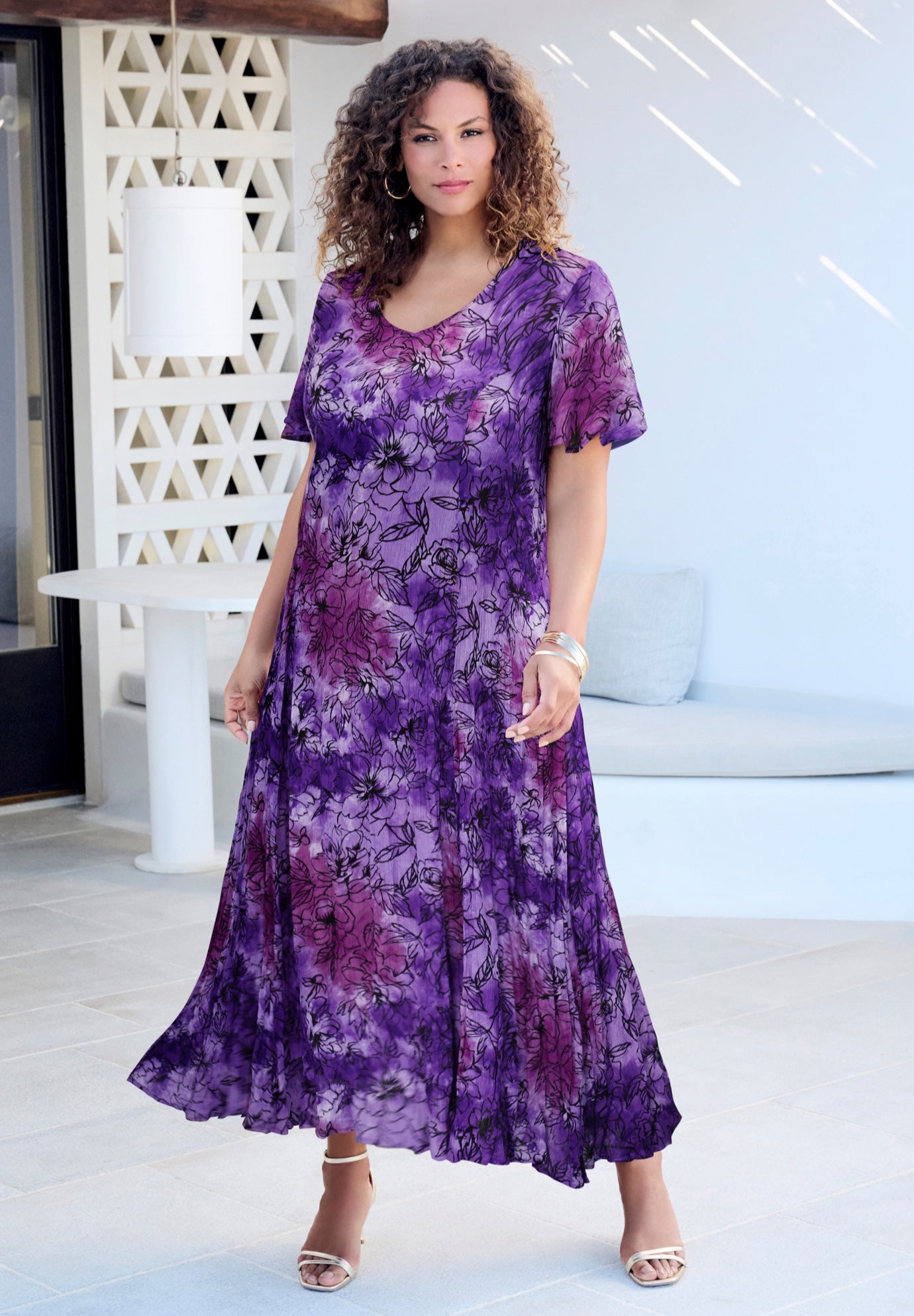 Plus Size Women's Plus Size Hand Crinkled Flutter-Sleeve Maxi Dress by Roaman's in Lavender Tie Dye Floral (Size 38/40)