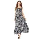 Plus Size Women's Sleeveless Crinkle Dress by Roaman's in Black Paisley Ikat (Size 30/32)