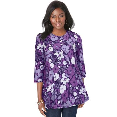 Plus Size Women's Stretch Knit Swing Tunic by Jessica London in Midnight Violet Layered Flowers (Size 18/20) Long Loose 3/4 Sleeve Shirt