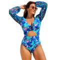 Plus Size Women's Cup Sized Chiffon Sleeve One Piece Swimsuit by Swimsuits For All in Blue Watercolor Floral (Size 26 D/DD)