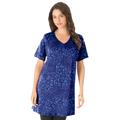 Plus Size Women's Short-Sleeve V-Neck Ultimate Tunic by Roaman's in Navy Blue Animal (Size 6X) Long T-Shirt Tee