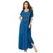 Plus Size Women's A-Line Embroidered Crinkle Maxi by Roaman's in Blue Folk Embroidery (Size 42/44)