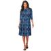 Plus Size Women's Ultrasmooth® Fabric Boatneck Swing Dress by Roaman's in Blue Mirrored Medallion (Size 34/36) Stretch Jersey 3/4 Sleeve Dress