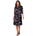 Plus Size Women's Ultrasmooth® Fabric Boatneck Swing Dress by Roaman's in Purple Rose Floral (Size 38/40) Stretch Jersey 3/4 Sleeve Dress