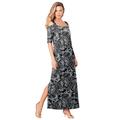 Plus Size Women's Ultrasmooth® Fabric Cold-Shoulder Maxi Dress by Roaman's in Black White Floral (Size 34/36)